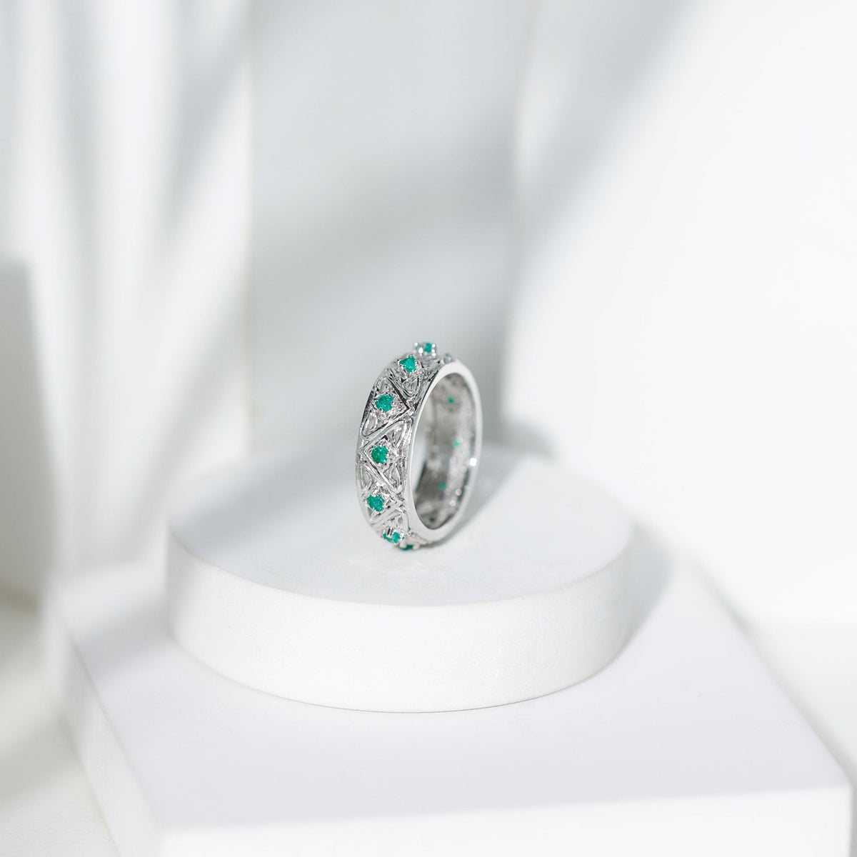 Emerald Wedding Band – Wide Vintage Inspired AAA Quality Real Emerald Ring