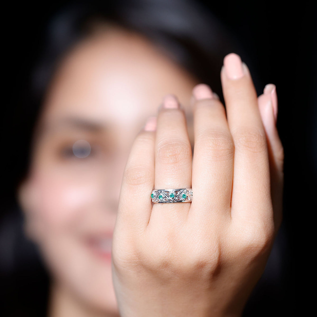 Emerald Wedding Band – Wide Vintage Inspired AAA Quality Real Emerald Ring