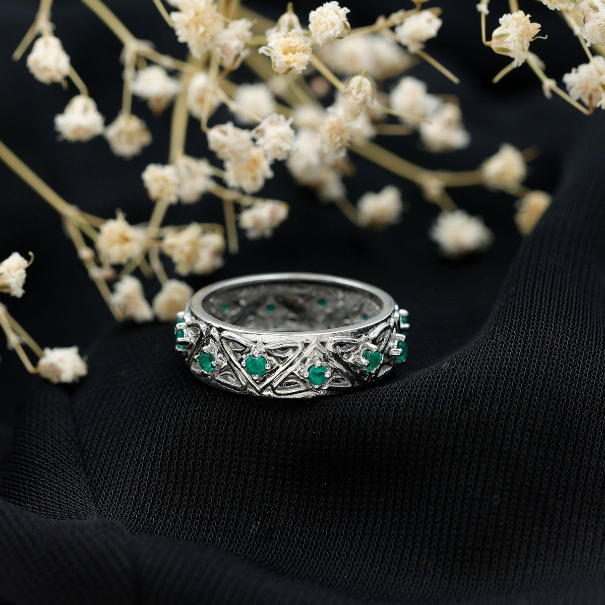 Emerald Wedding Band – Wide Vintage Inspired AAA Quality Real Emerald Ring