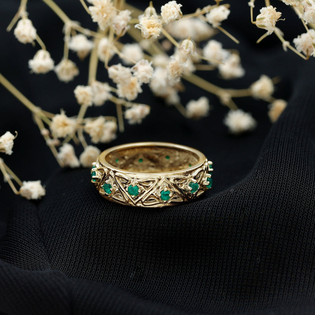 Emerald Wedding Band – Wide Vintage Inspired AAA Quality Real Emerald Ring