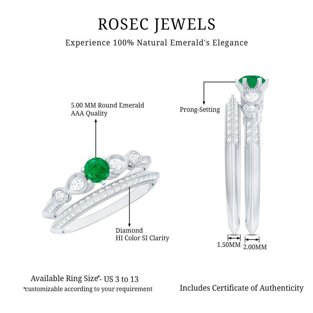 Emerald Wedding Ring Vintage Bridal Set – Diamond Accented Band With 6 Prong Setting