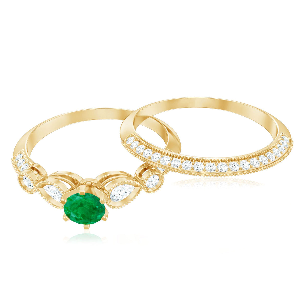 Emerald Wedding Ring Vintage Bridal Set – Diamond Accented Band With 6 Prong Setting