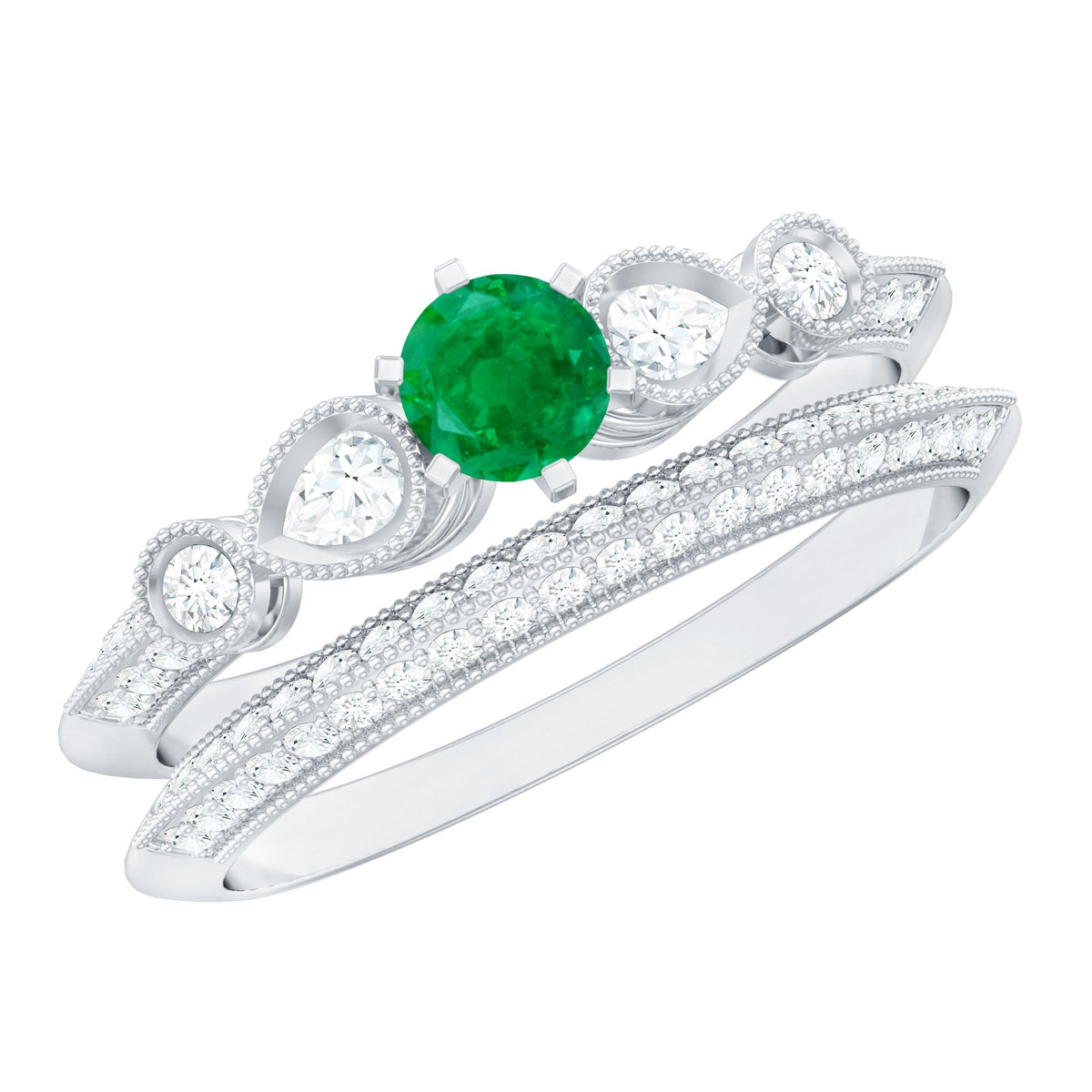 Emerald Wedding Ring Vintage Bridal Set – Diamond Accented Band With 6 Prong Setting