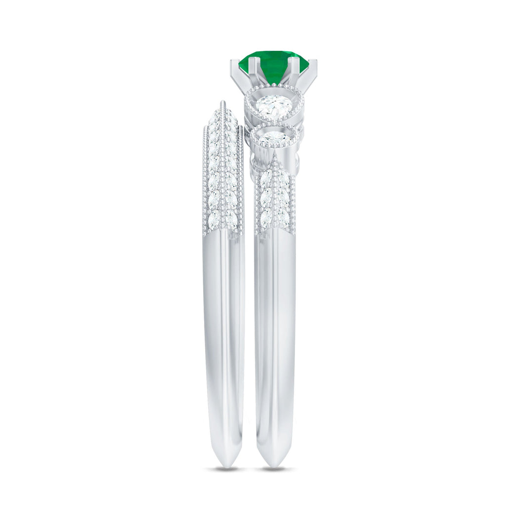 Emerald Wedding Ring Vintage Bridal Set – Diamond Accented Band With 6 Prong Setting