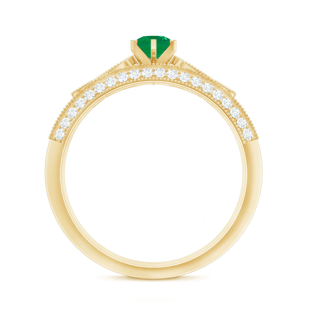 Emerald Wedding Ring Vintage Bridal Set – Diamond Accented Band With 6 Prong Setting