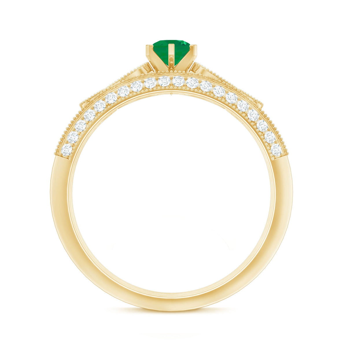 Emerald Wedding Ring Vintage Bridal Set – Diamond Accented Band With 6 Prong Setting