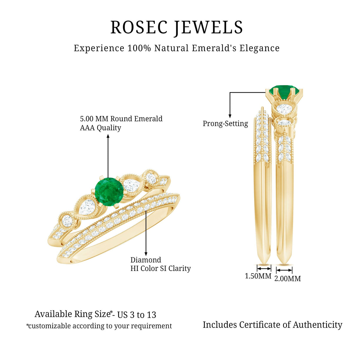 Emerald Wedding Ring Vintage Bridal Set – Diamond Accented Band With 6 Prong Setting