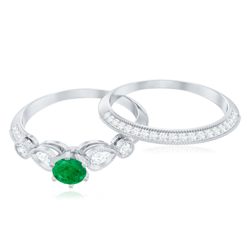 Emerald Wedding Ring Vintage Bridal Set – Diamond Accented Band With 6 Prong Setting