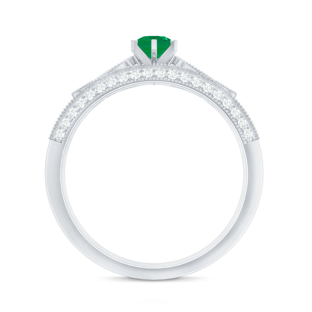 Emerald Wedding Ring Vintage Bridal Set – Diamond Accented Band With 6 Prong Setting
