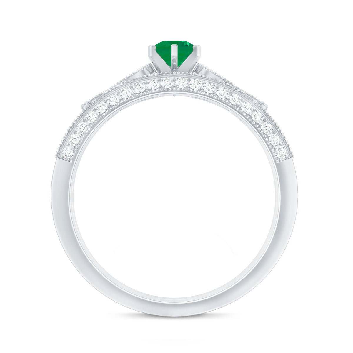 Emerald Wedding Ring Vintage Bridal Set – Diamond Accented Band With 6 Prong Setting