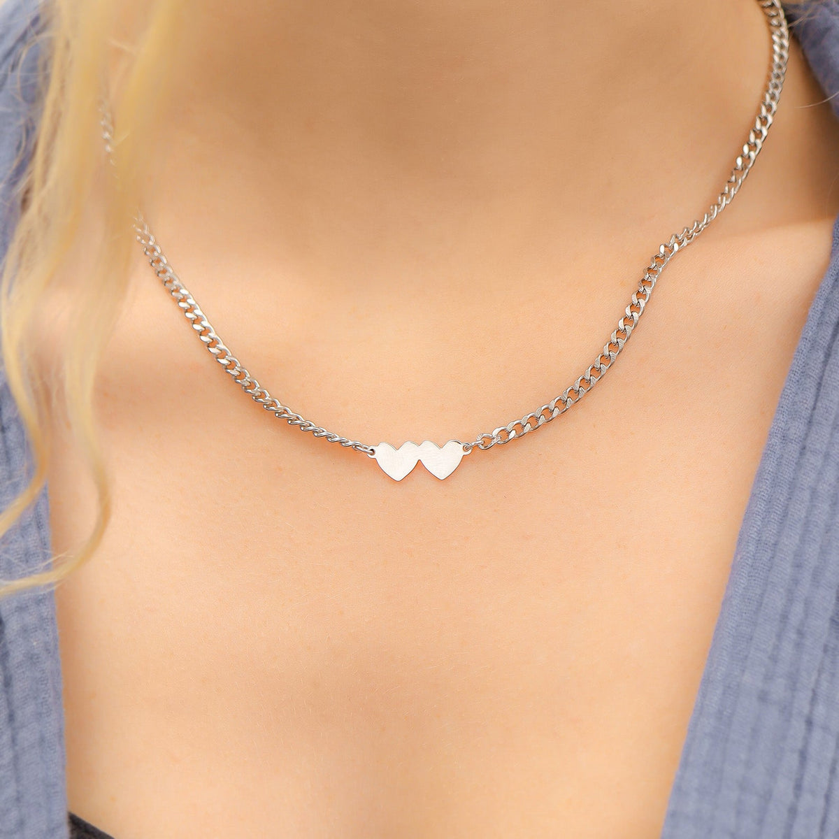 Engravable Heart Necklace – 18K Gold PVD Surgical Steel Dual Heart Charm Chain