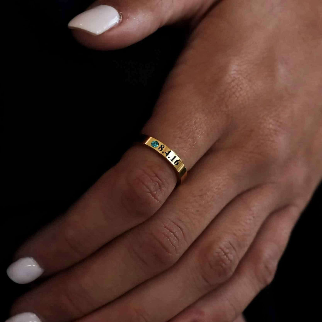 Birthstone Stacking Ring – 18K Gold PVD Stainless Steel Engraved Personalized Band