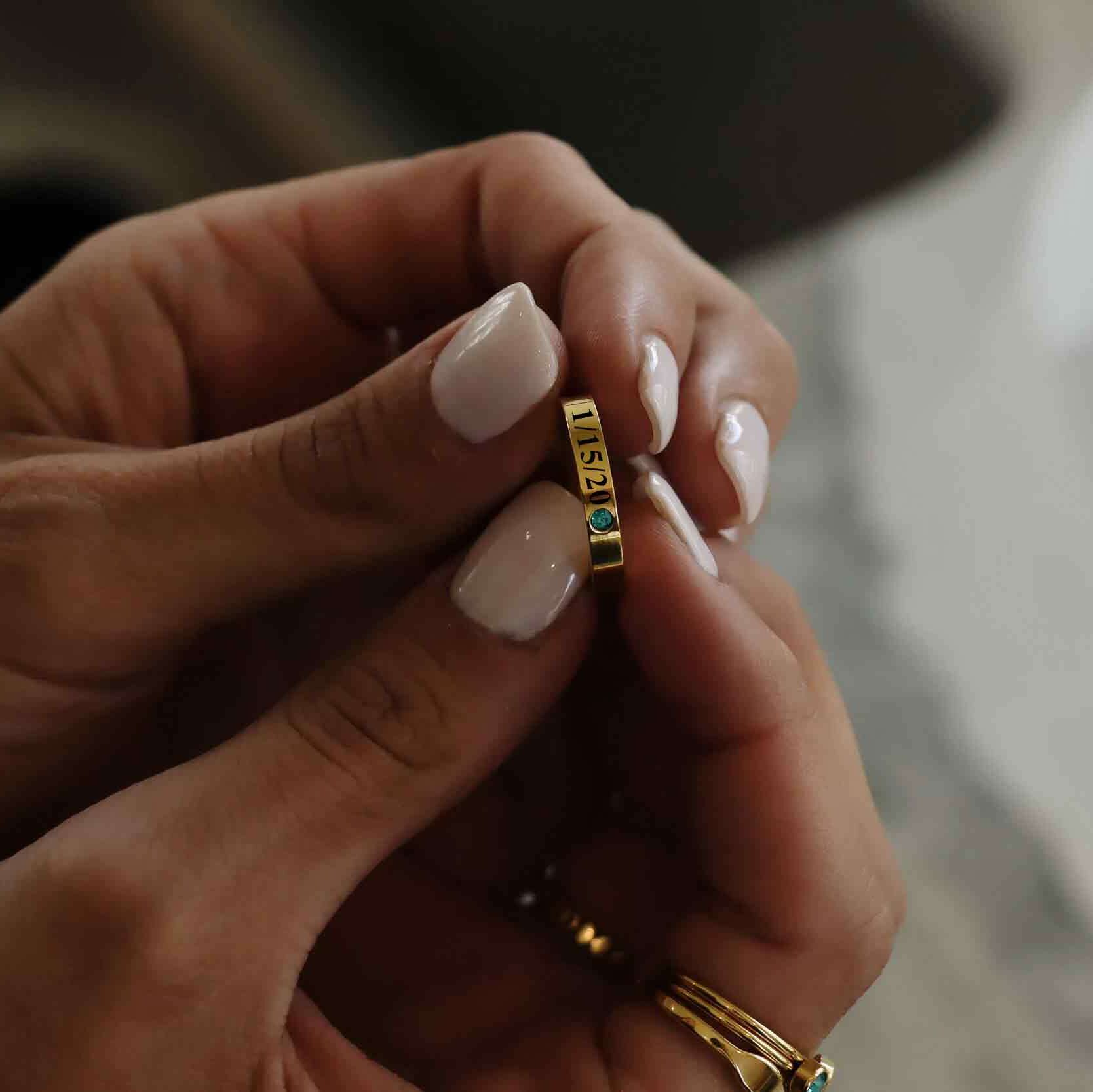 Birthstone Stacking Ring – 18K Gold PVD Stainless Steel Engraved Personalized Band