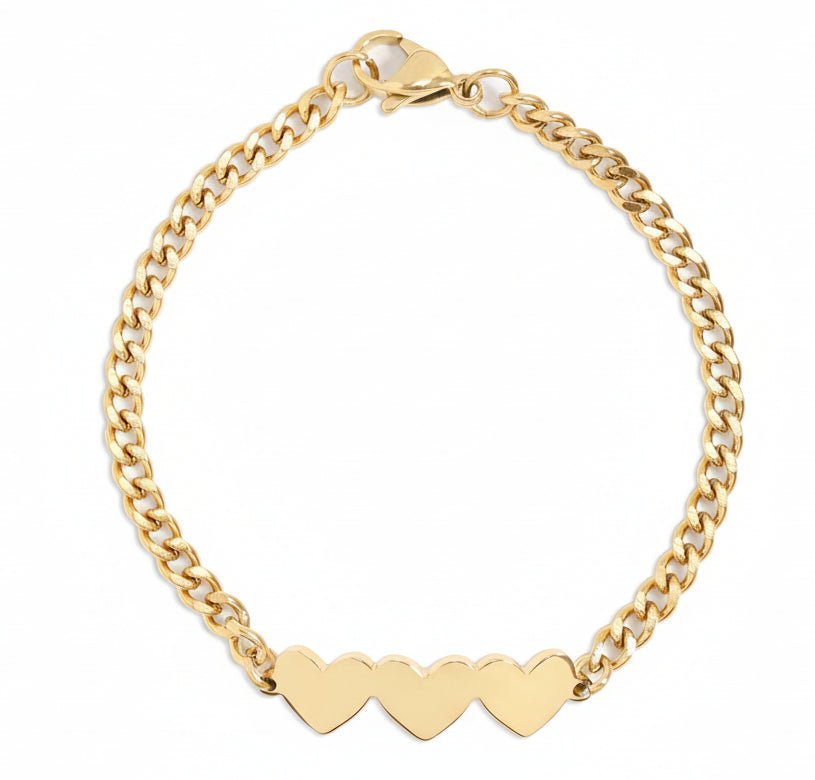 Engraved Heart Bracelet – Gold Curb Chain with Three Heart Charms Gift - bracelet | Sunflower Soul Boutique