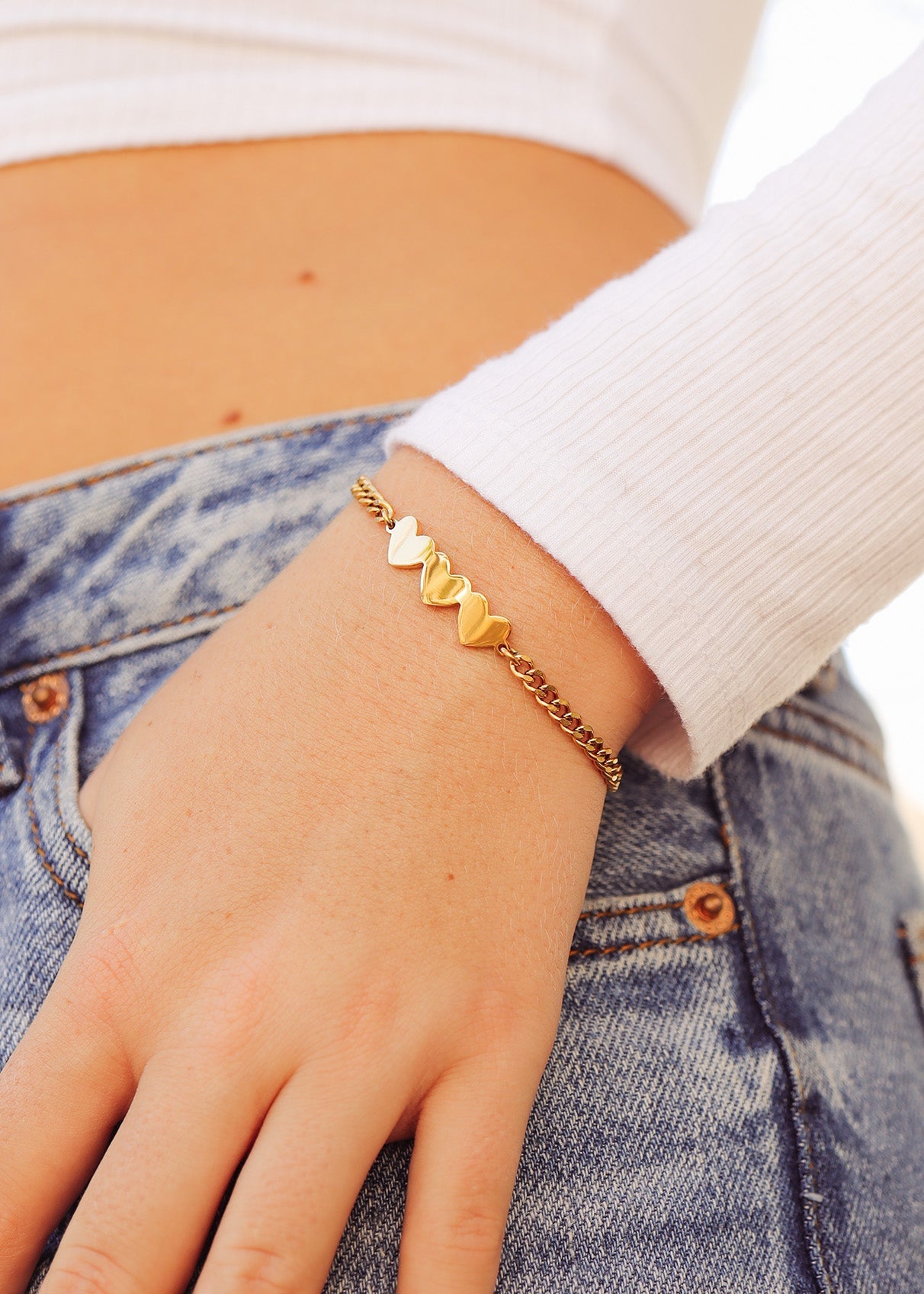 Engraved Heart Bracelet – Gold Curb Chain with Three Heart Charms Gift - bracelet | Sunflower Soul Boutique
