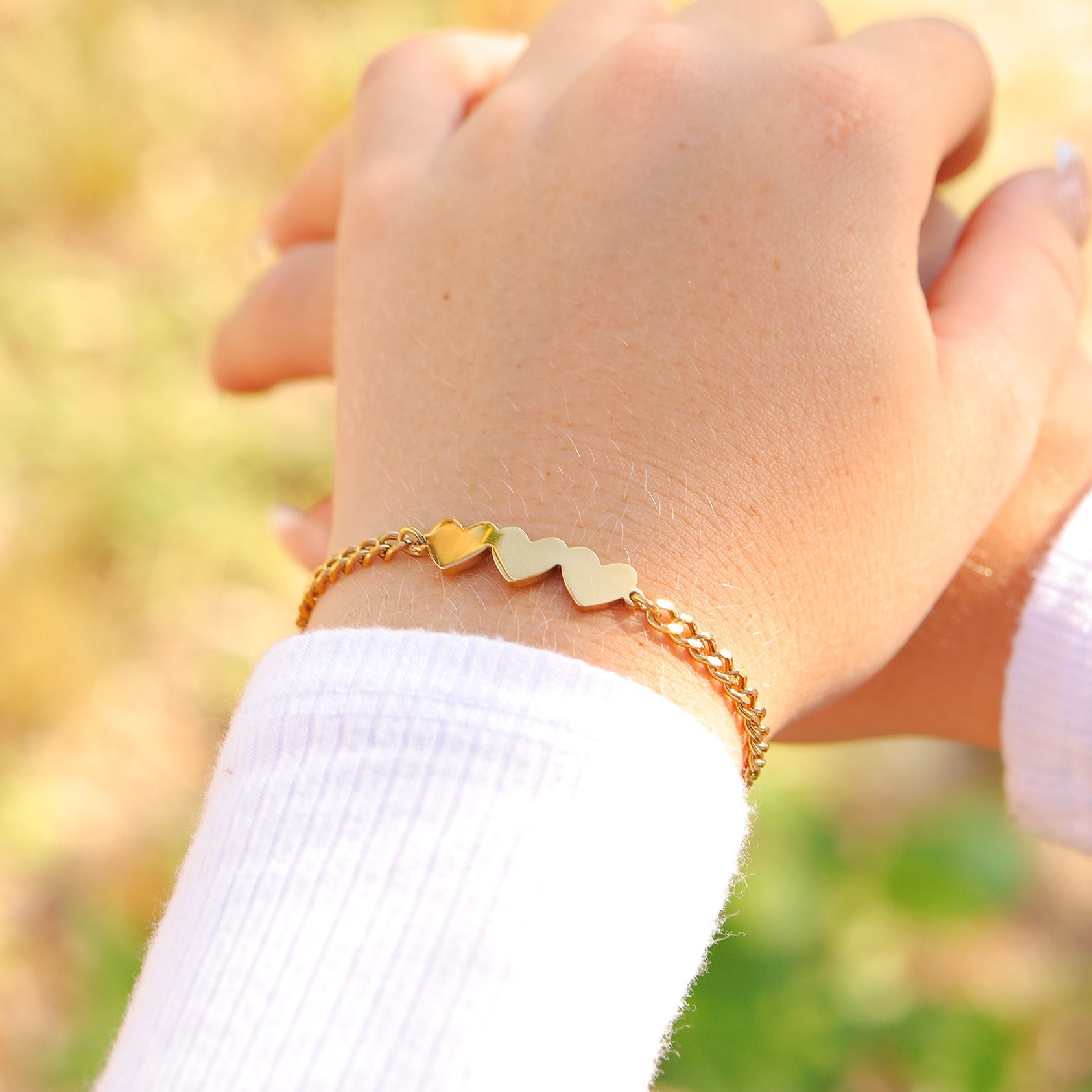 Engraved Heart Bracelet – Gold Curb Chain with Three Heart Charms Gift - bracelet | Sunflower Soul Boutique