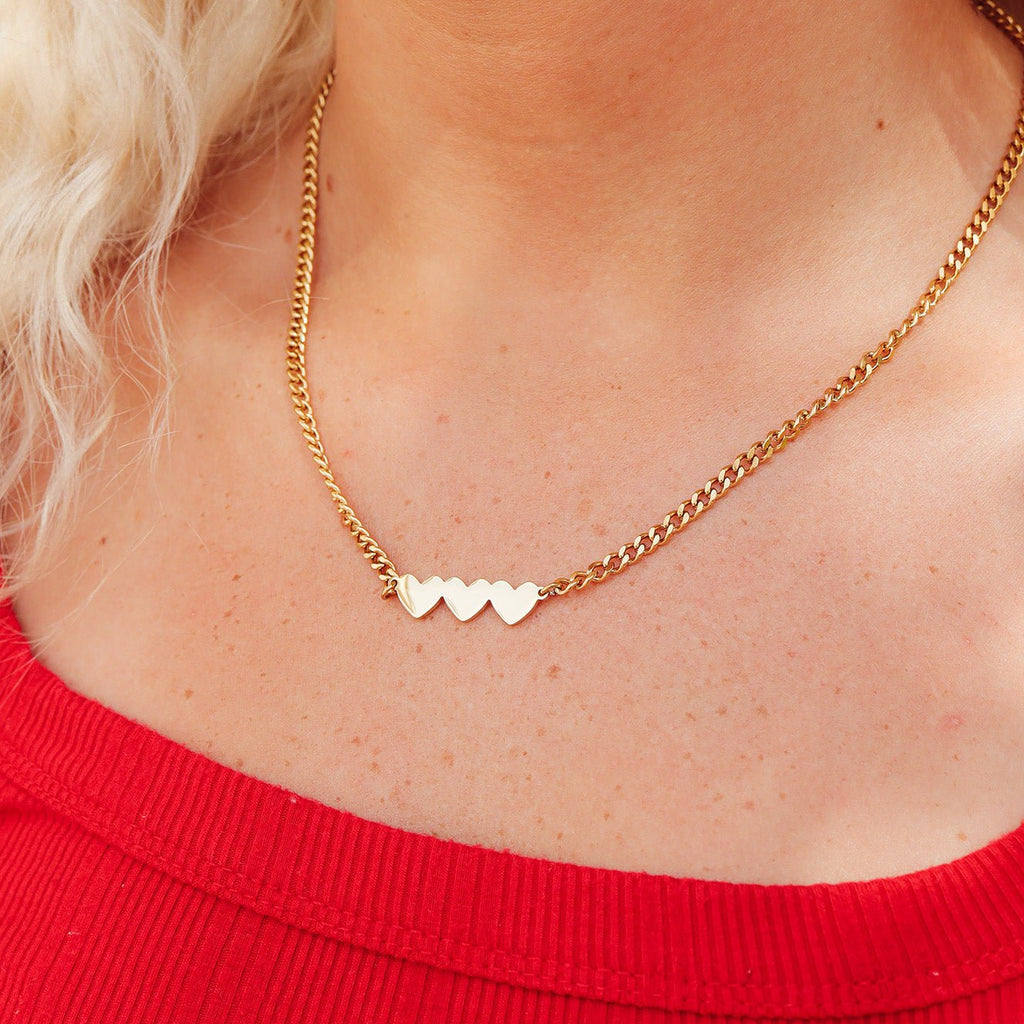 Engraved Heart Necklace – 18K Gold Curb Chain With Three Hearts Pendant - Necklaces | Sunflower Soul Boutique