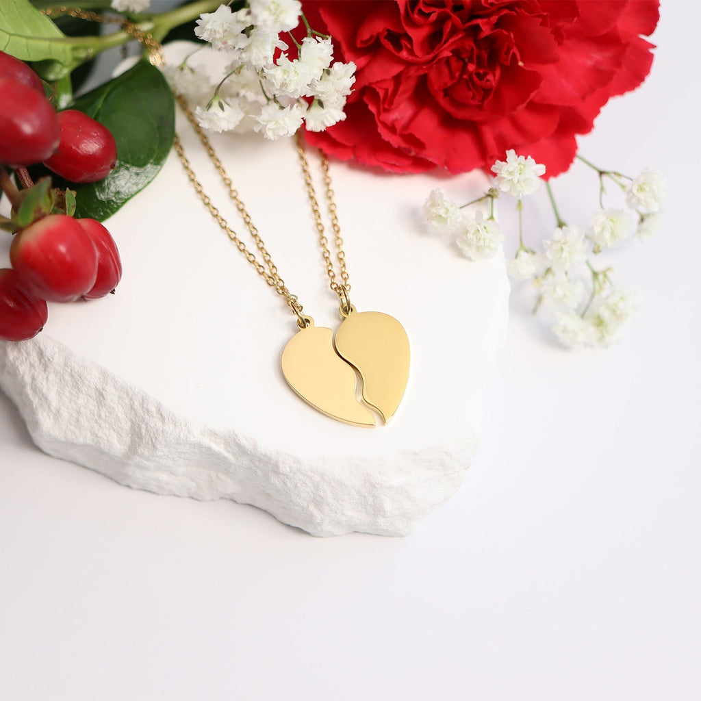 Engraved Heart Necklace – 18K Gold PVD Coated Break Apart Pendant Set for Couples - Necklaces | Sunflower Soul Boutique
