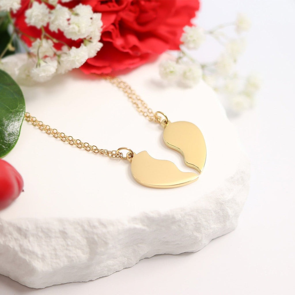 Engraved Heart Necklace – 18K Gold PVD Coated Break Apart Pendant Set for Couples - Necklaces | Sunflower Soul Boutique