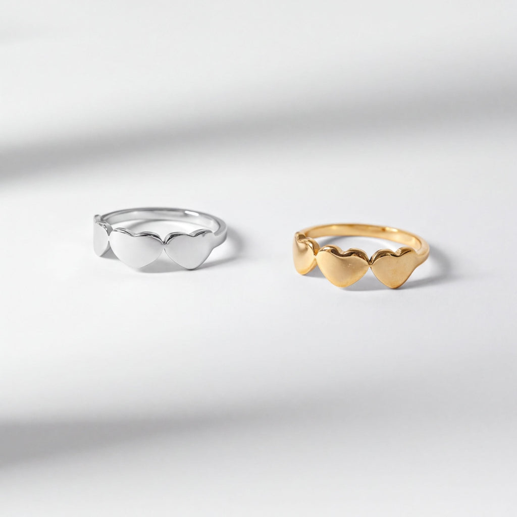 Engraved Heart Ring - 18K Gold Stainless Steel | Three Heart Design Comfort Fit Band - Ring | Sunflower Soul Boutique