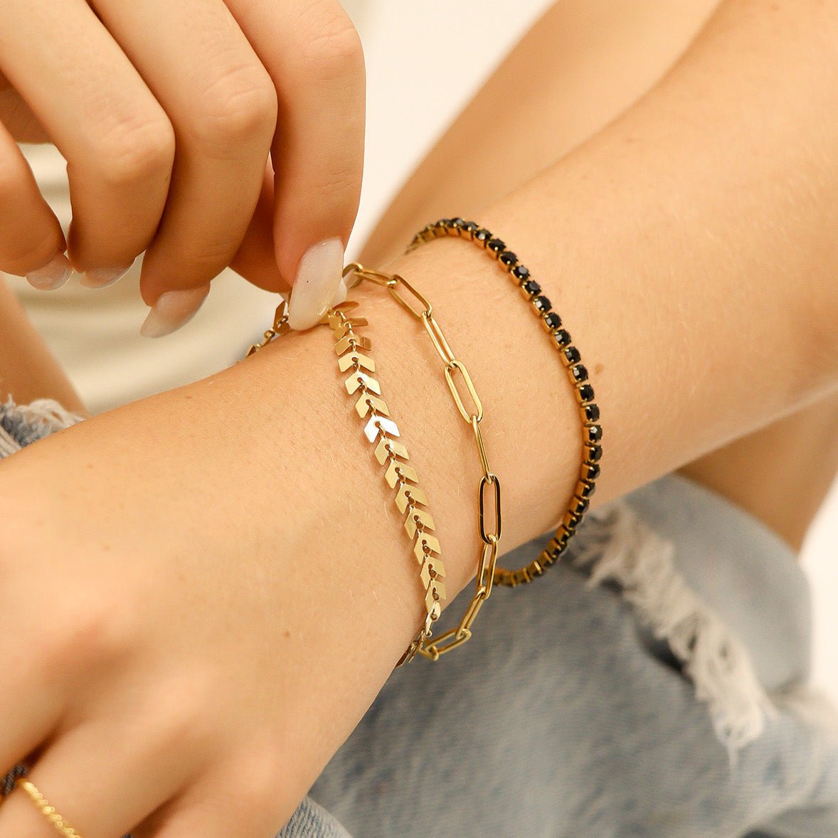 Engraved Pearl Bracelet – Gold Stainless Steel Adjustable Chevron Chain - Bracelets | Sunflower Soul Boutique