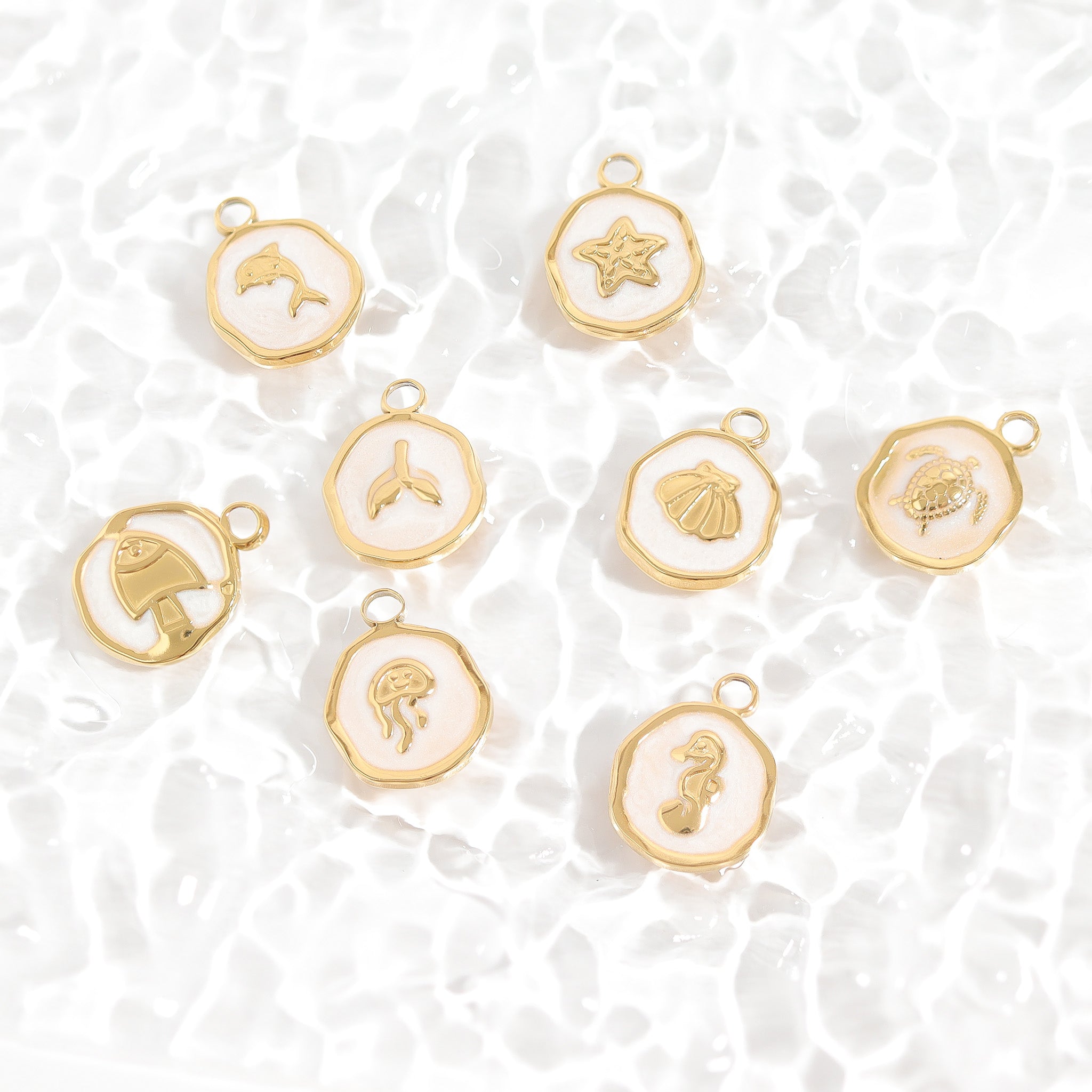 18K Gold Charm Set – Sea Life Charms with White Epoxy Finish | Hypoallergenic Jewelry