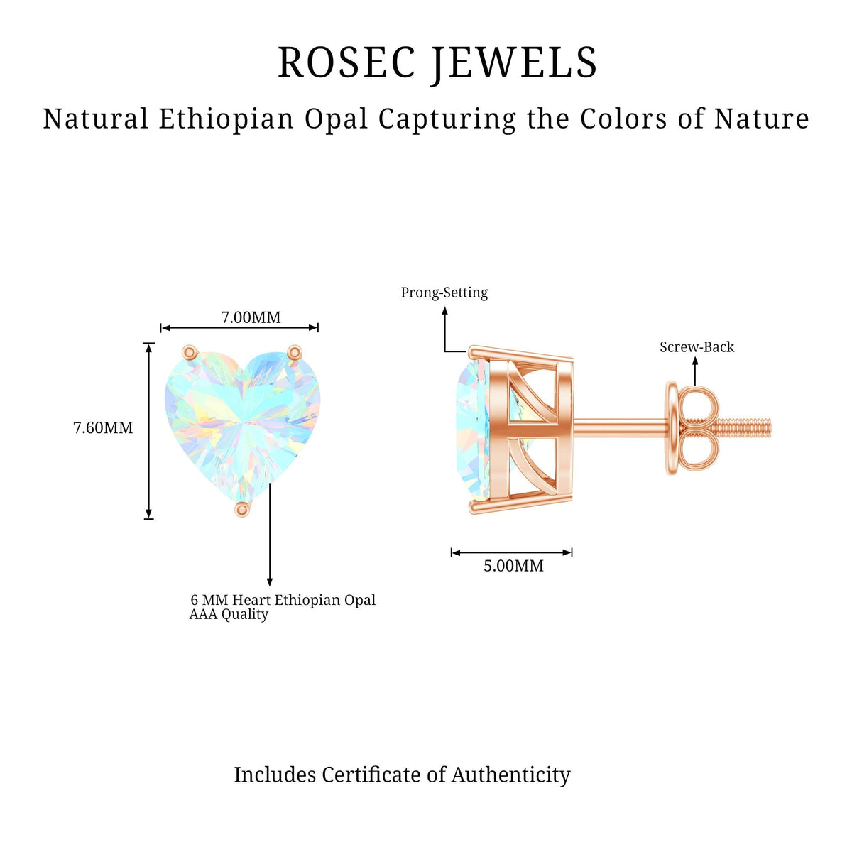 Ethiopian Opal Earrings – 1.5 Carat Heart Shape Solitaire Studs with Secure Screw Backs