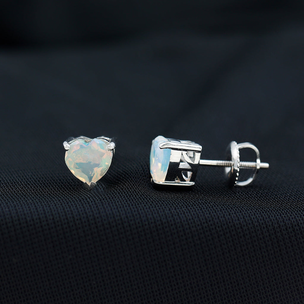 Ethiopian Opal Earrings – 1.5 Carat Heart Shape Solitaire Studs with Secure Screw Backs