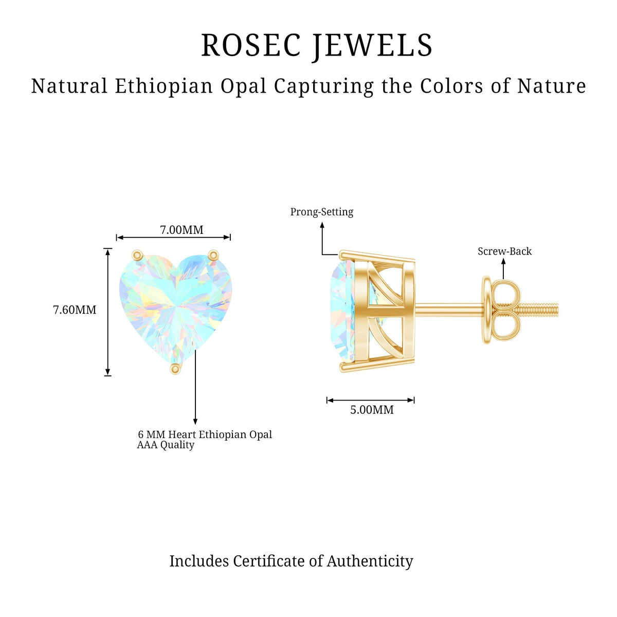 Ethiopian Opal Earrings – 1.5 Carat Heart Shape Solitaire Studs with Secure Screw Backs