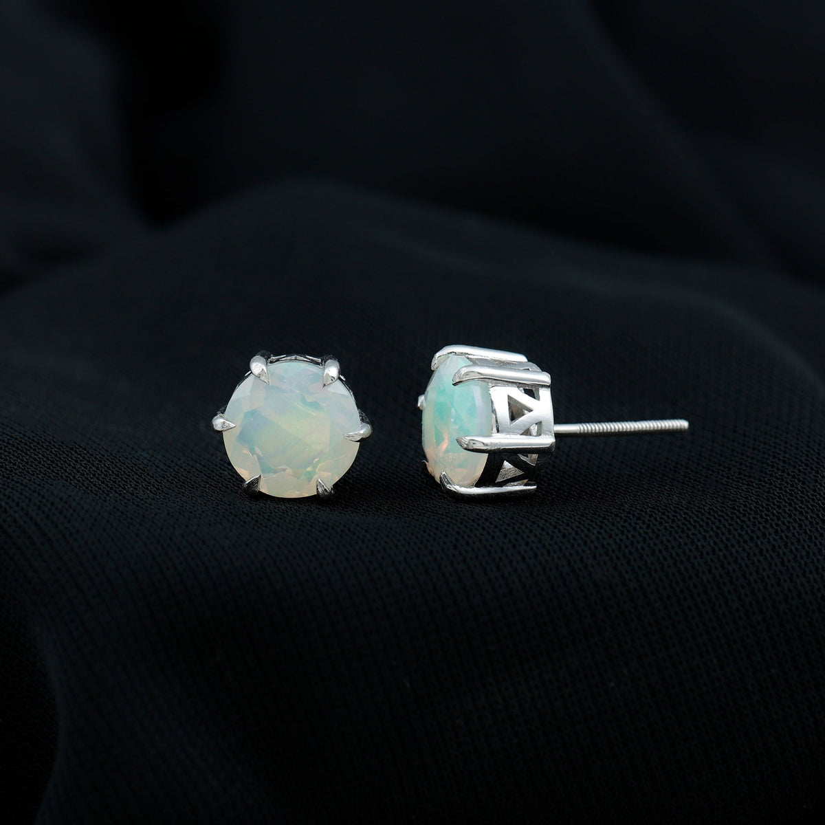 Ethiopian Opal Earrings – 4 Carat Solitaire Round Studs | AAA Quality Rainbow Jewelry