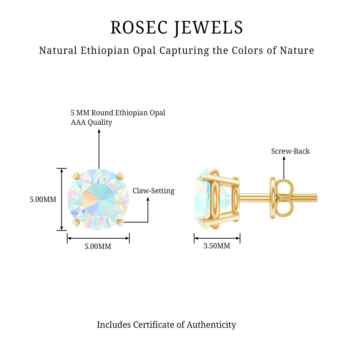 Ethiopian Opal Earrings – 5mm Round Opal Studs | Claw Setting Jewelry