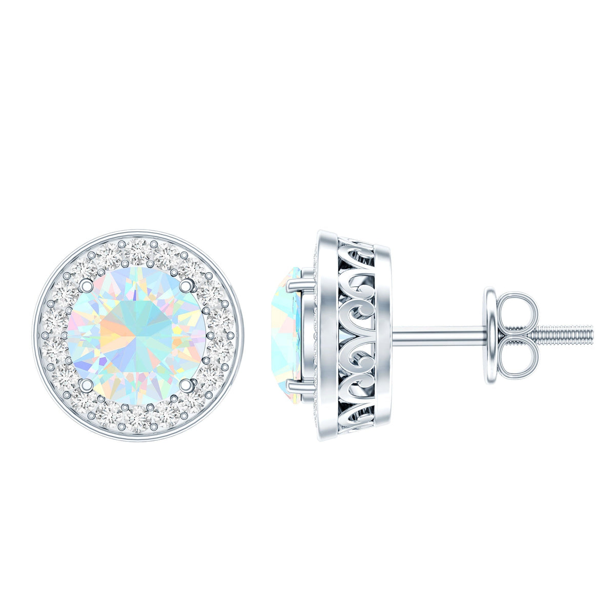 Ethiopian Opal Earrings – 6mm Round Opal Studs with Diamond Halo Design