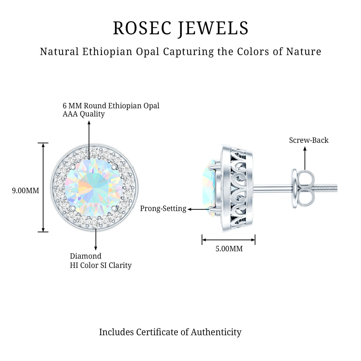 Ethiopian Opal Earrings – 6mm Round Opal Studs with Diamond Halo Design