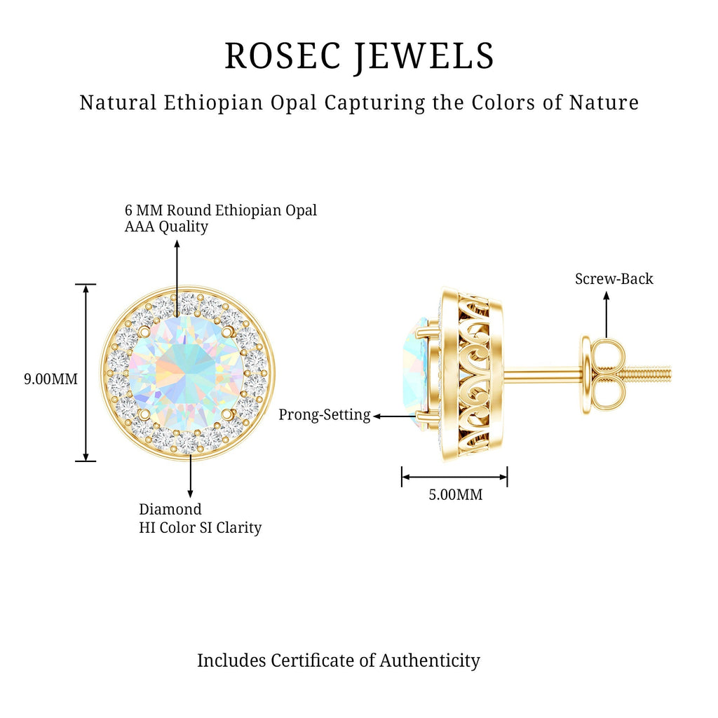 Ethiopian Opal Earrings – 6mm Round Opal Studs with Diamond Halo Design
