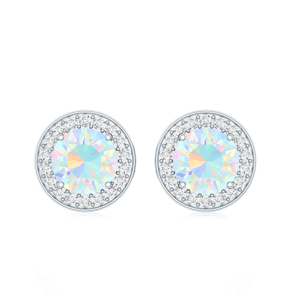 Ethiopian Opal Earrings – 6mm Round Opal Studs with Diamond Halo Design