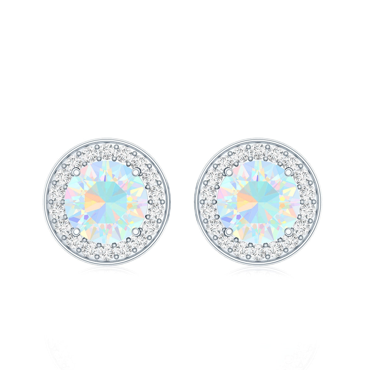 Ethiopian Opal Earrings – 6mm Round Opal Studs with Diamond Halo Design