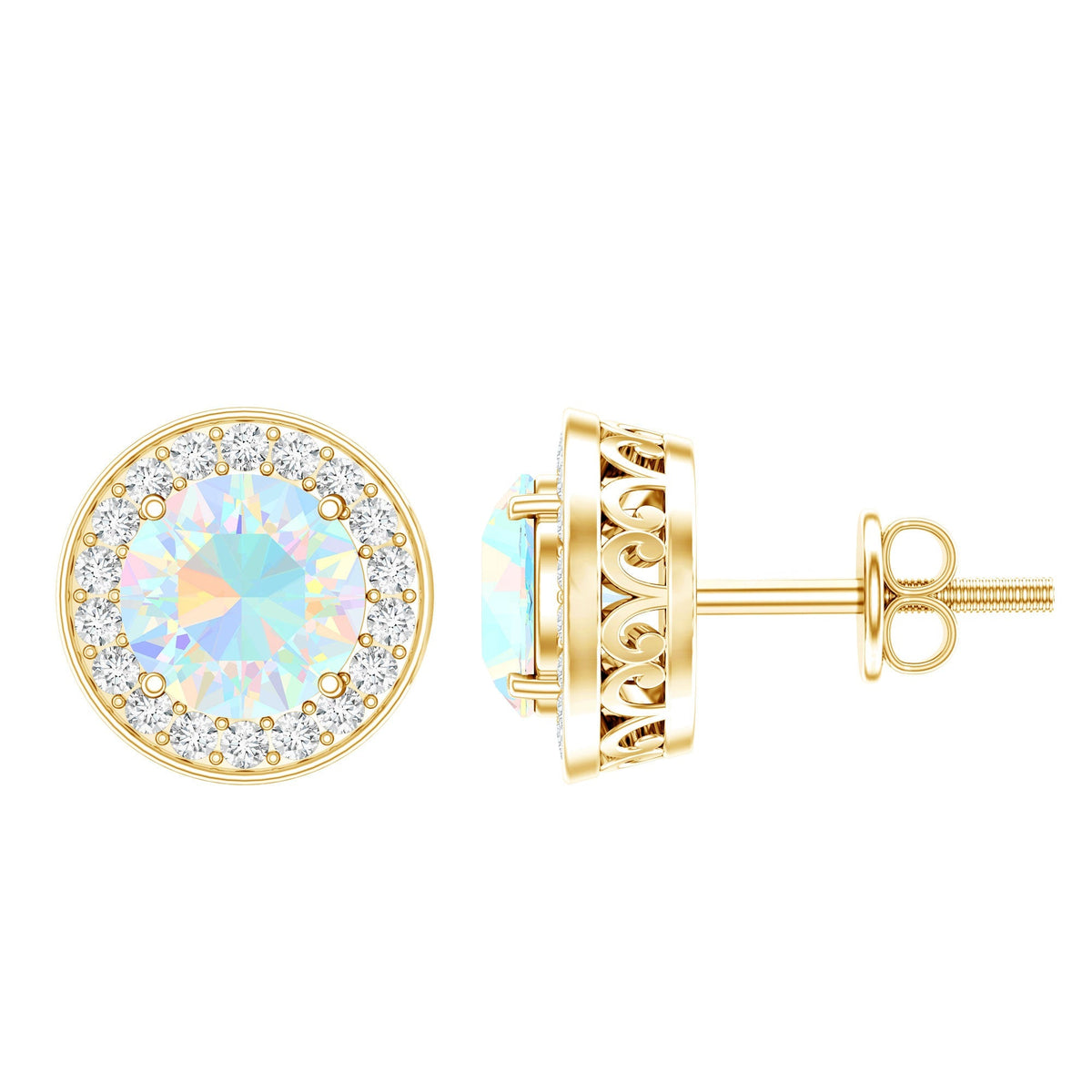 Ethiopian Opal Earrings – 6mm Round Opal Studs with Diamond Halo Design