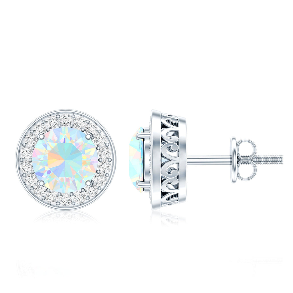 Ethiopian Opal Earrings – 6mm Round Opal Studs with Diamond Halo Design