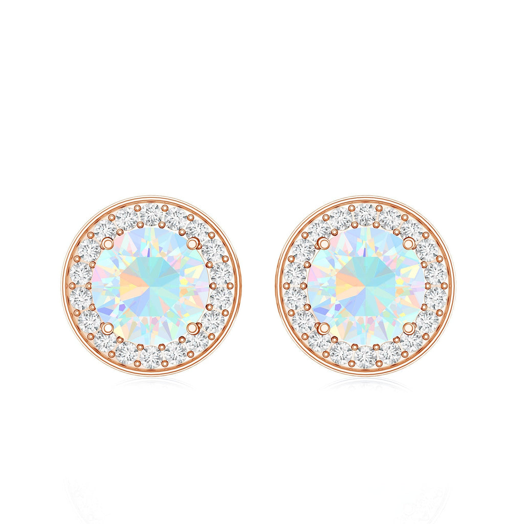 Ethiopian Opal Earrings – 6mm Round Opal Studs with Diamond Halo Design
