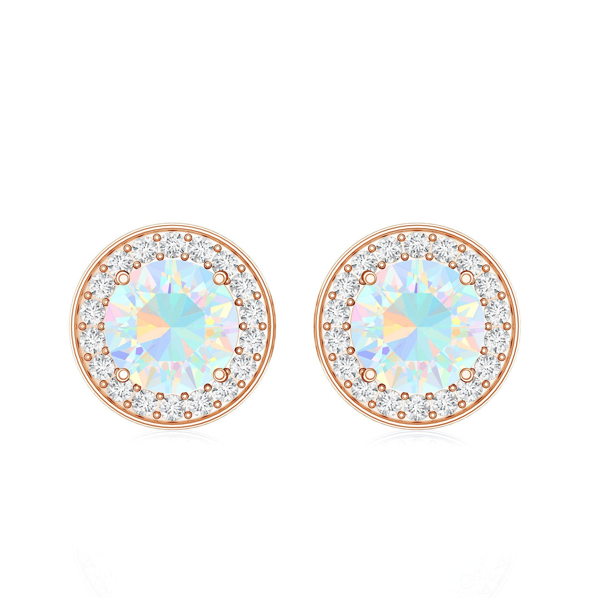 Ethiopian Opal Earrings – 6mm Round Opal Studs with Diamond Halo Design