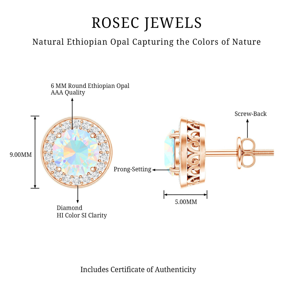 Ethiopian Opal Earrings – 6mm Round Opal Studs with Diamond Halo Design