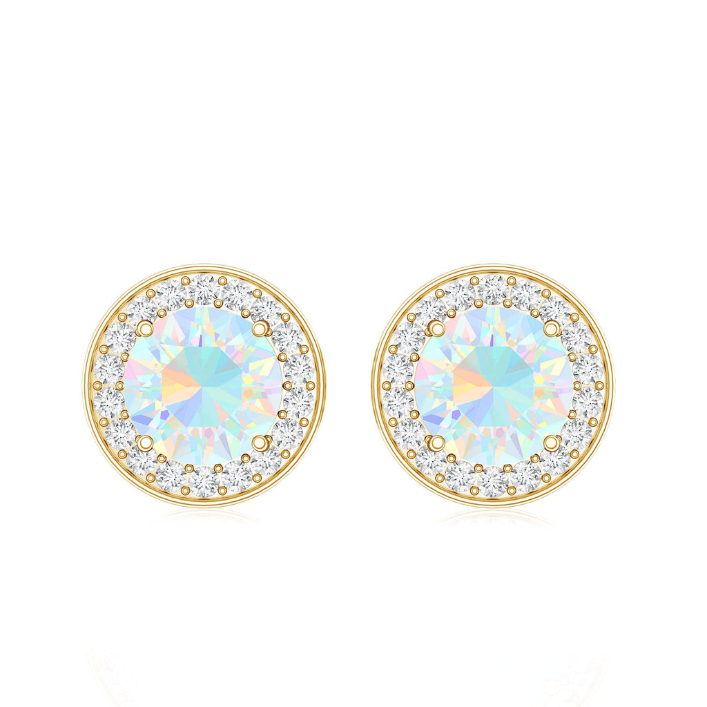 Ethiopian Opal Earrings – 6mm Round Opal Studs with Diamond Halo Design