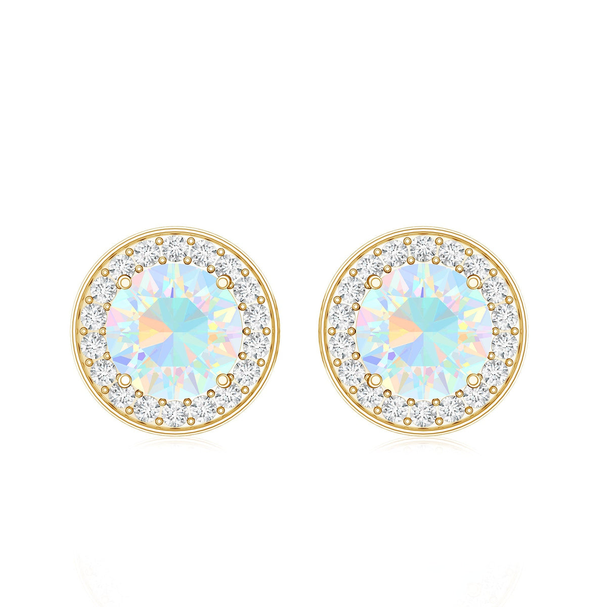 Ethiopian Opal Earrings – 6mm Round Opal Studs with Diamond Halo Design