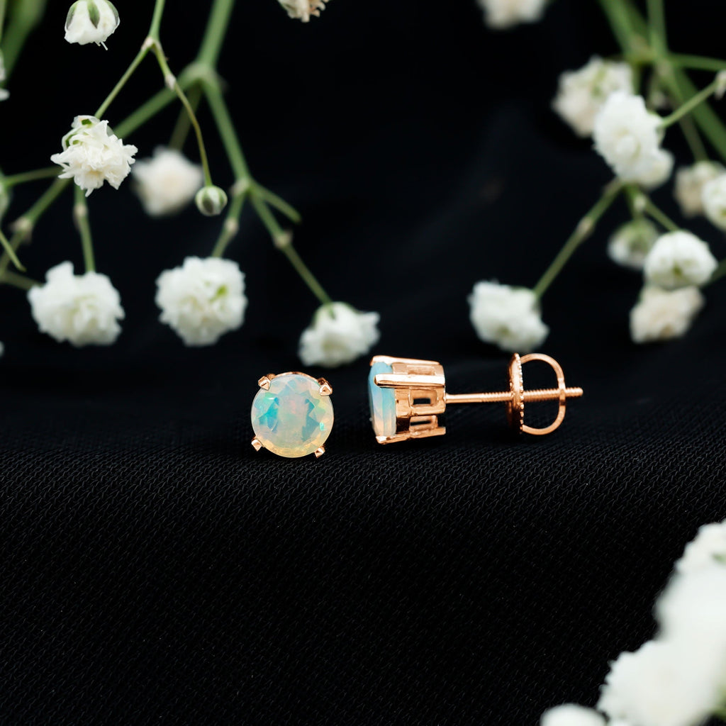Ethiopian Opal Earrings – 6mm Round Solitaire Studs | October Birthstone Gift
