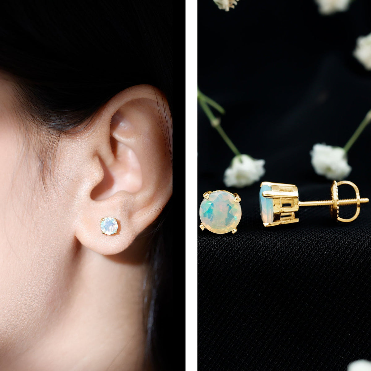 Ethiopian Opal Earrings – 6mm Round Solitaire Studs | October Birthstone Gift