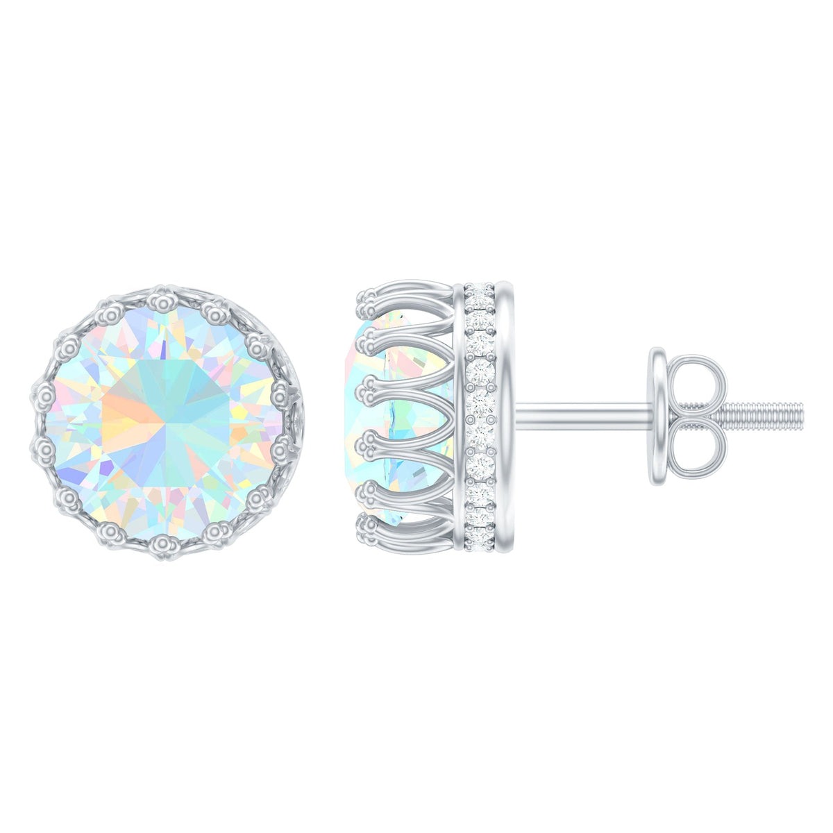 Ethiopian Opal Earrings – 8MM Crown Setting Studs with Lab Grown Diamonds