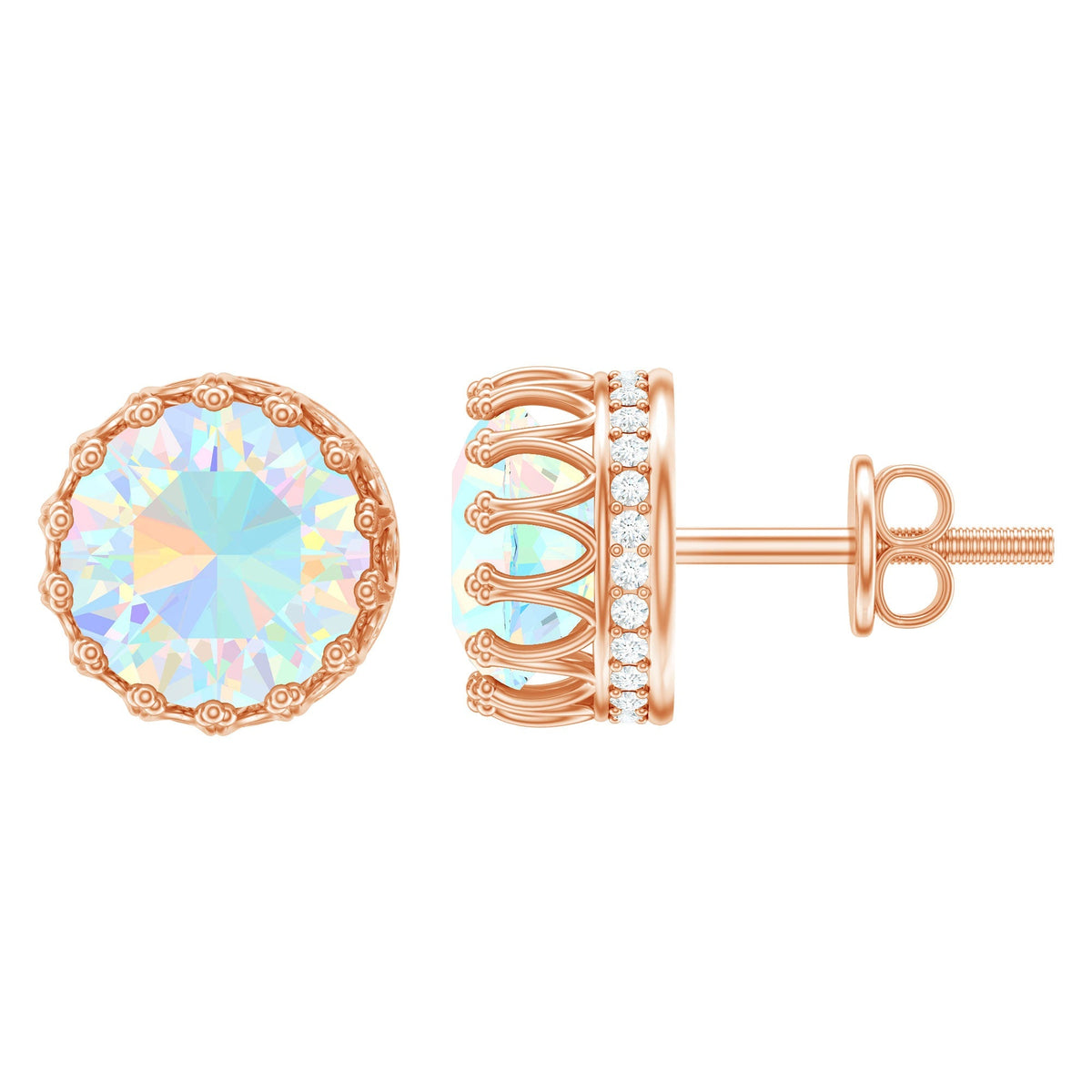 Ethiopian Opal Earrings – 8MM Crown Setting Studs with Lab Grown Diamonds