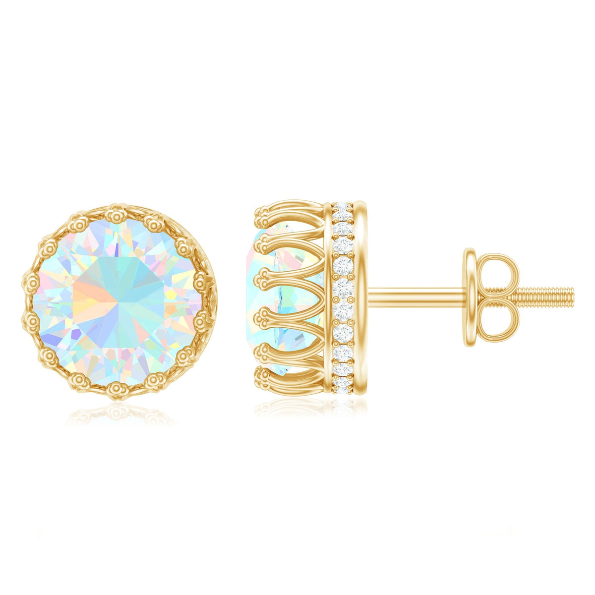 Ethiopian Opal Earrings – 8MM Crown Setting Studs with Lab Grown Diamonds