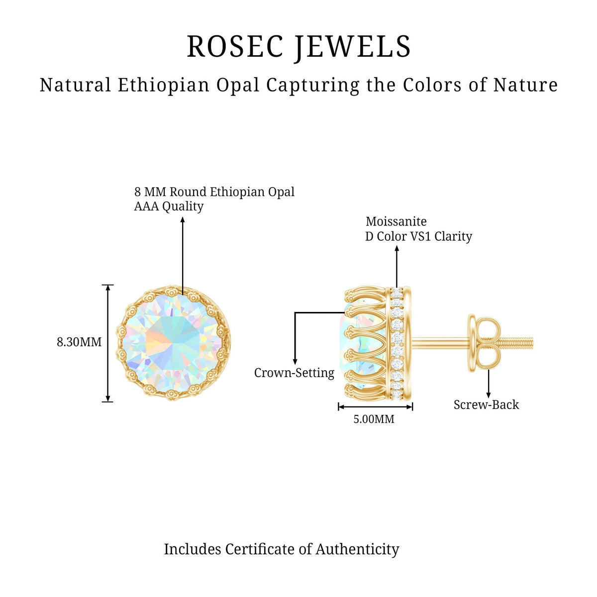 Ethiopian Opal Earrings – 8MM Crown Setting Studs with Lab Grown Diamonds