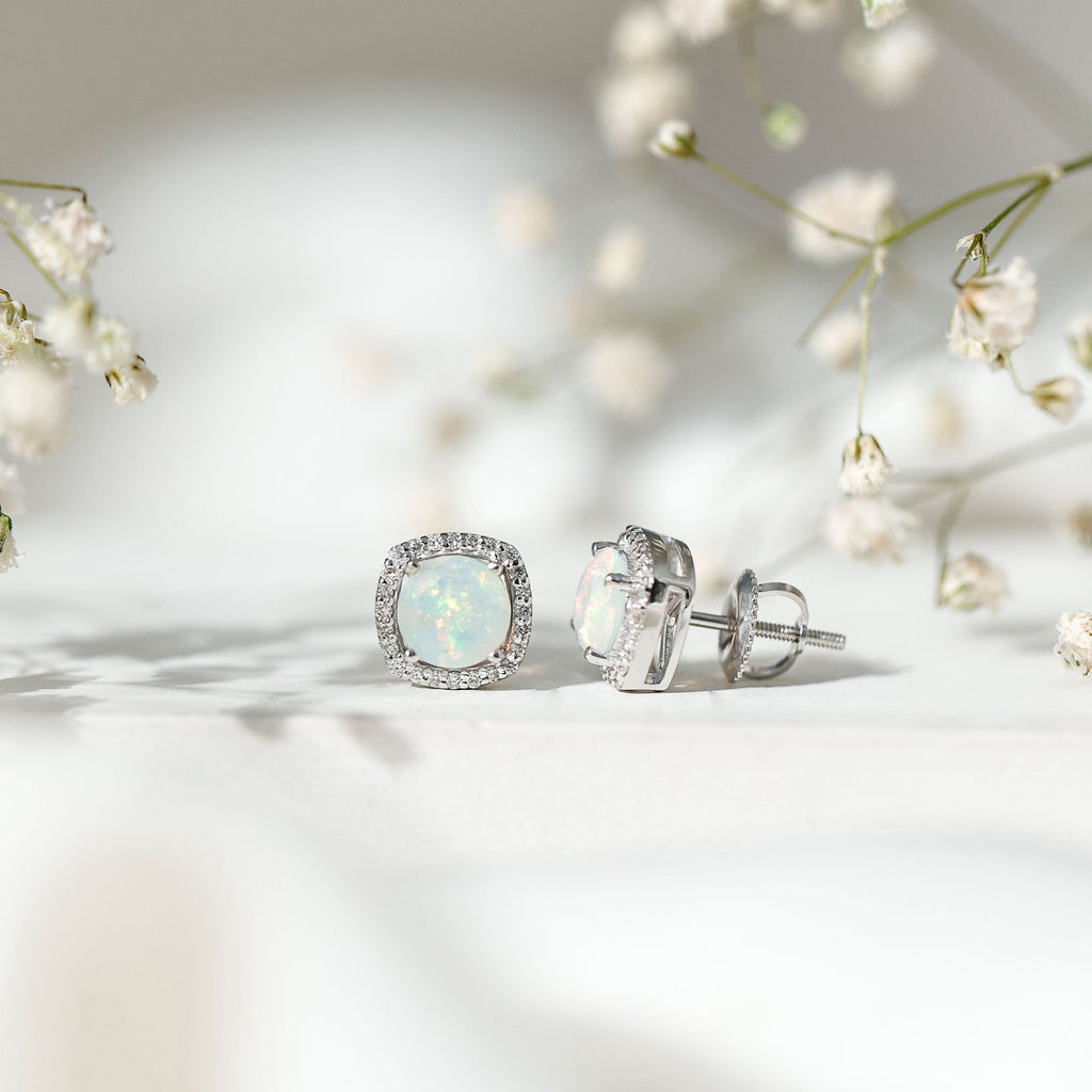 Ethiopian Opal Earrings – AAA Quality Opal Studs with Diamond Halo Design
